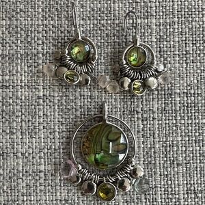 Lia Sophia "Opulent" Abalone Center Discs Silver Tone Pendant & Earrings Set